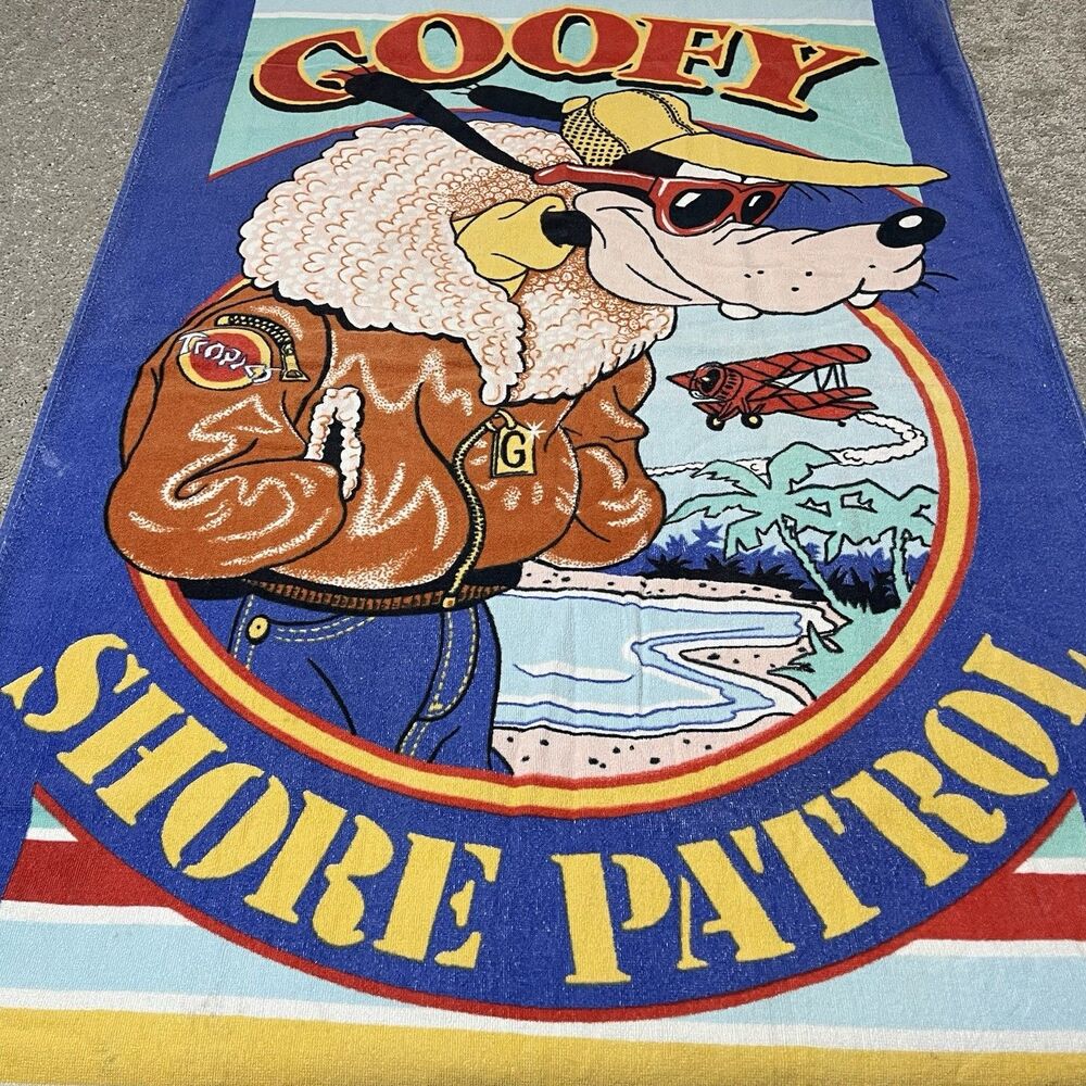 Vintage Franco Walt Disney Goofy Cotton Beach Towel 59x27” 1980s Shore Patrol - Picture 4 of 11